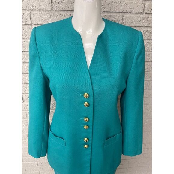 Le Suit Petite Teal Skirt Suit With Gold Tone Button 2 Pcs Set Size 8P - Picture 7 of 12